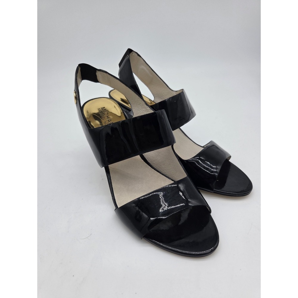 Michael KORS ROCHELLE MK Womens 9.5 Black Patent Leather Gold Logo Pump Heel